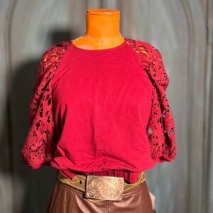 Dolan Anthropology Dark Red Lace Sleeve Women's Top 100% Cotton